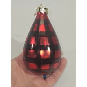 KSD VINTAGE Blown Glass Christmas Ornament Black Red Tear Drop Plaid Checked‎ 5"